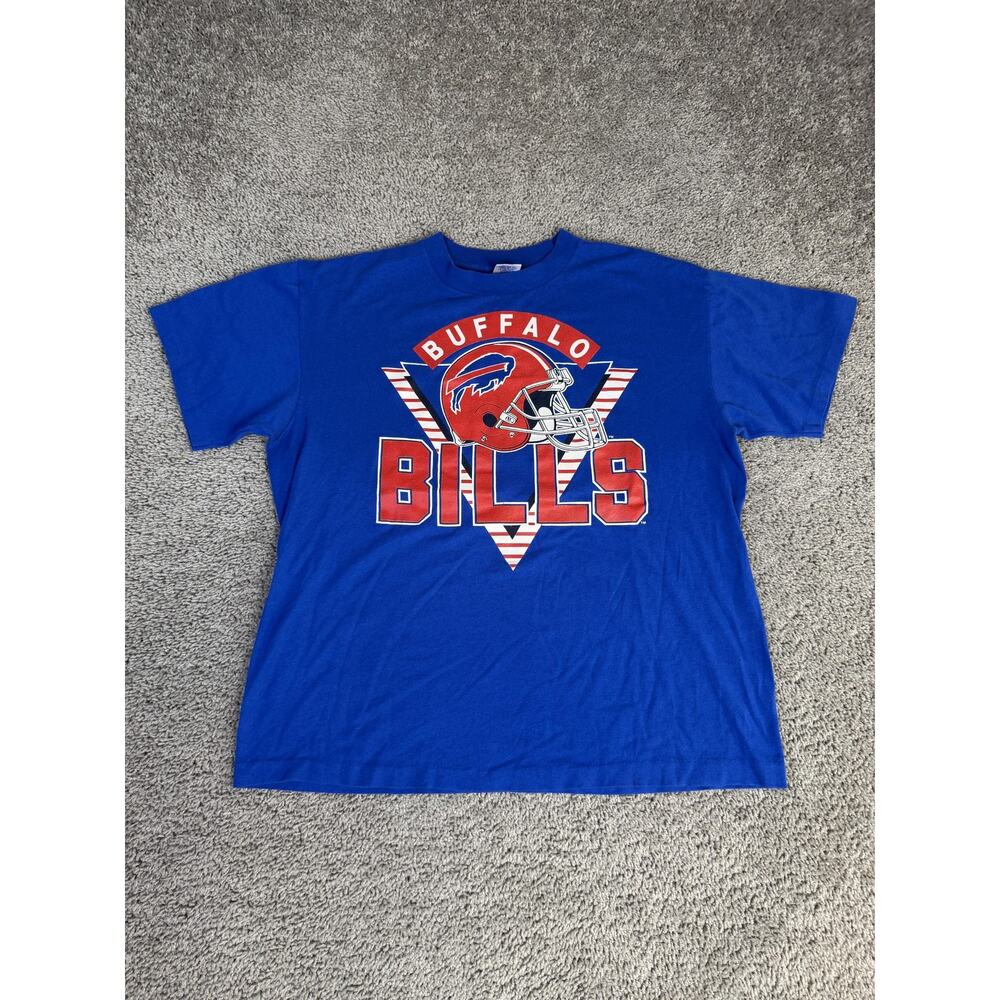 Vintage 90s Buffalo Bills Trench Shirt Mens L Blue Helmet PrintNFL USA Made